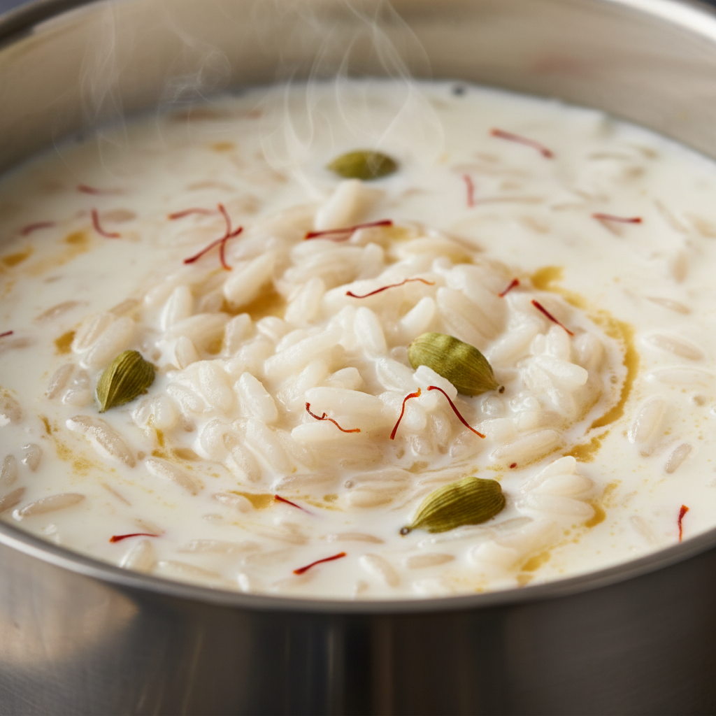 Close-up of rice simmering in creamy saffron cardamom milk for Indian dessert kheer