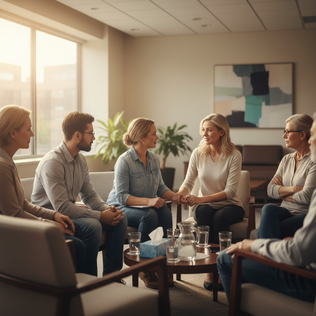 Small-group therapy session illustrating step-down care after inpatient mental health treatment