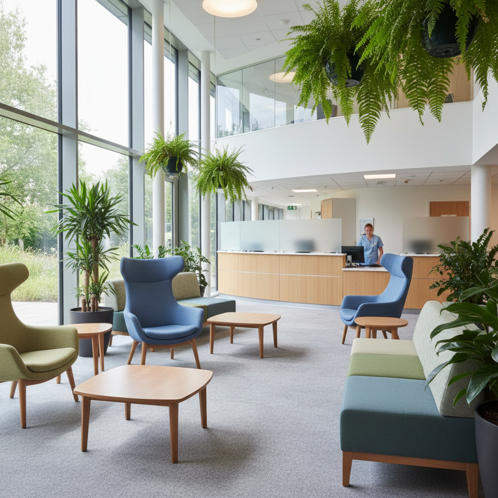Calm day room in an inpatient mental health facility, illustrating supportive environment before step-down to outpatient care