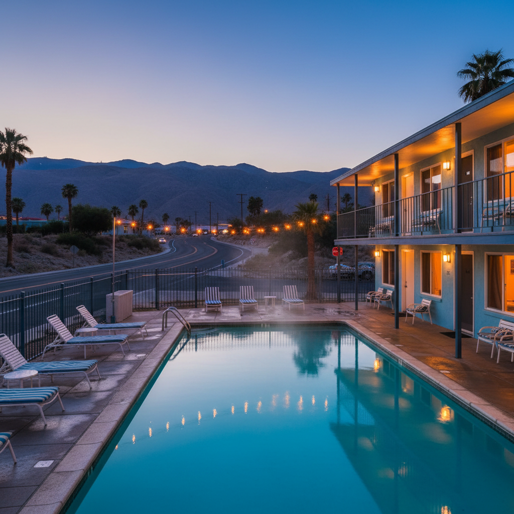 North Conway motel heated outdoor pool at dusk near mountain views