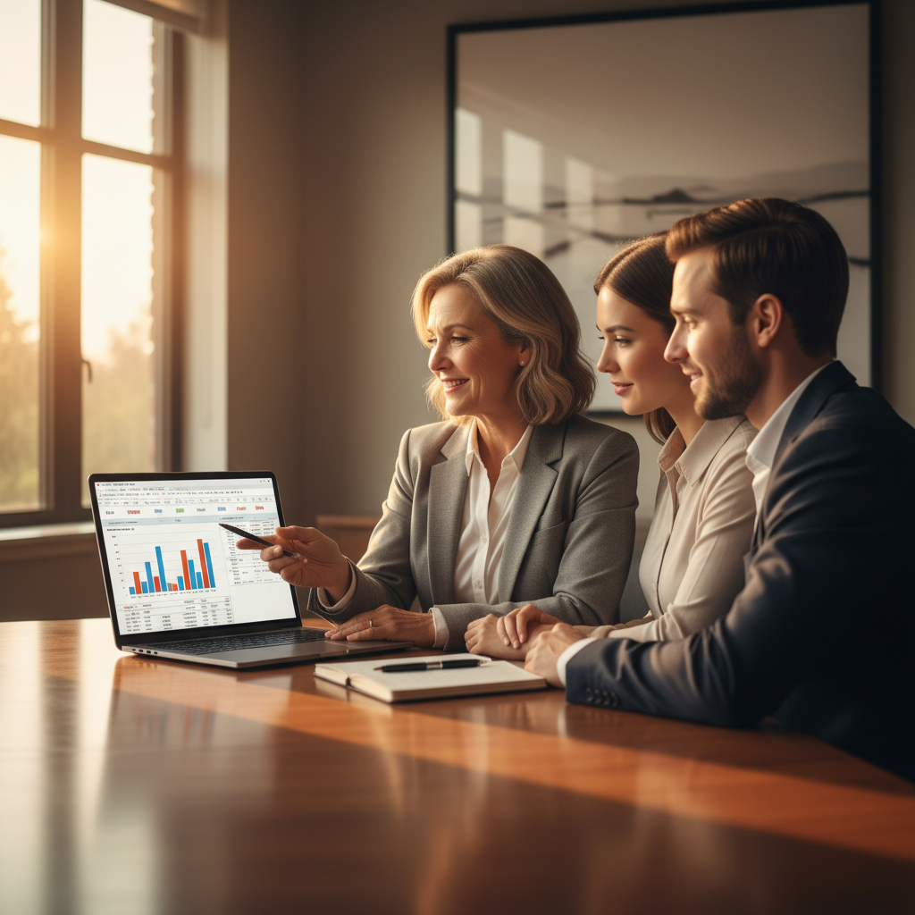 Mediator guiding clients through an assets spreadsheet during property division after separation