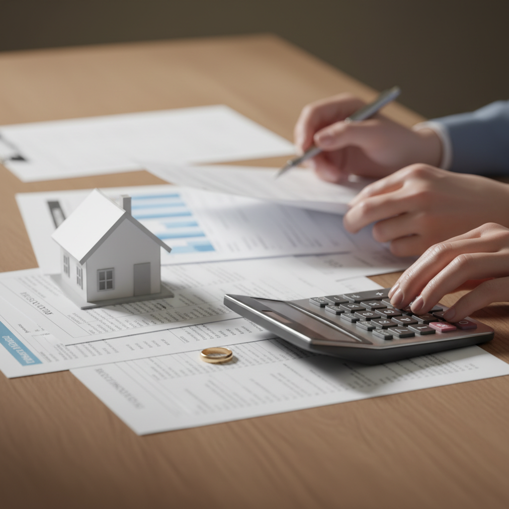 Close-up of separation paperwork for property division after separation in Ontario with ring, calculator, and model house