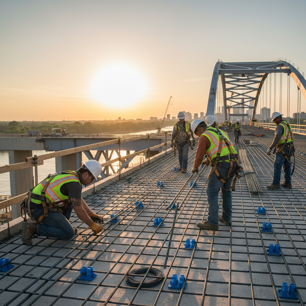 Construction crew placing epoxy-coated steel rebar on bridge deck with plastic spacers and coated tie wire