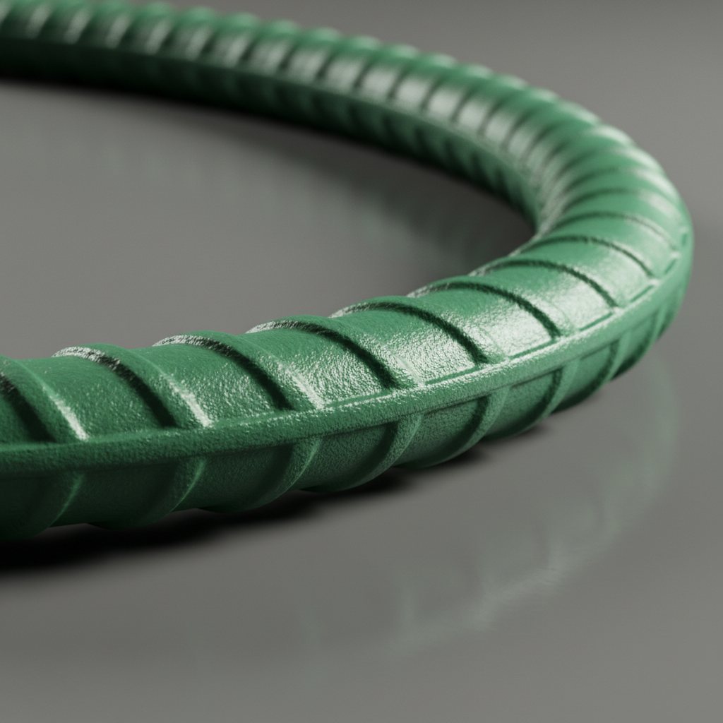 Close-up of green epoxy coated steel rebar ribs and coating texture for corrosion resistance