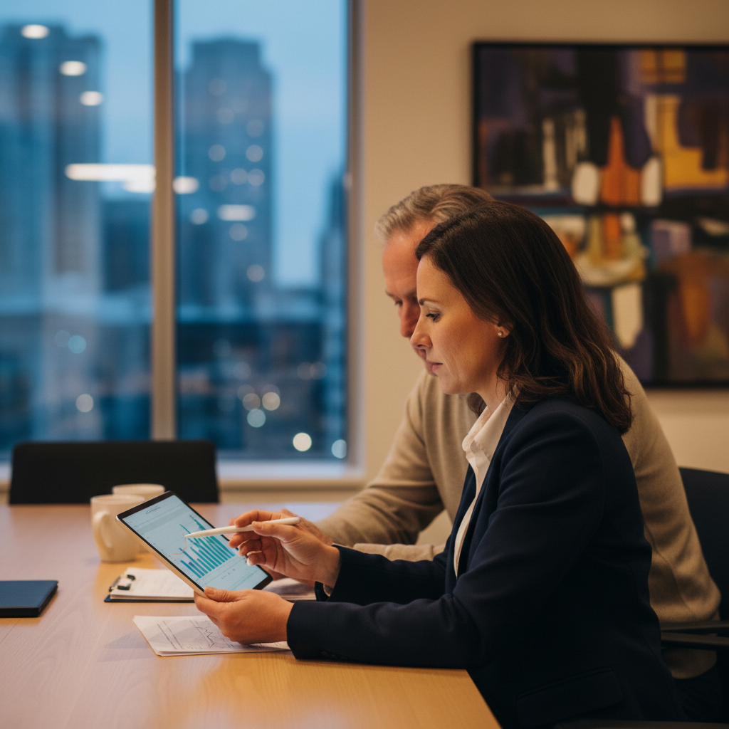 Advisor and homeowner reviewing refinance options on a tablet in a modern office