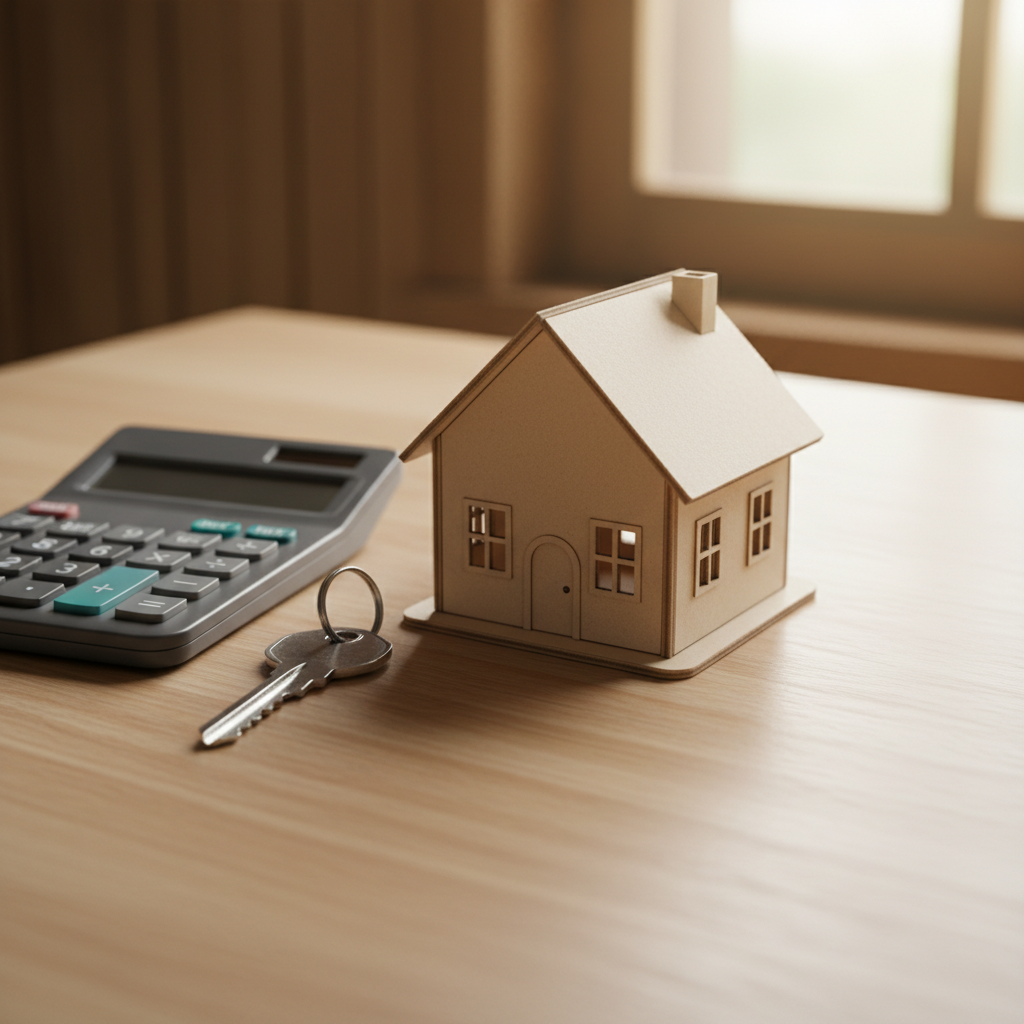 Close-up of house model, key, and calculator illustrating rate-and-term refinance modeling
