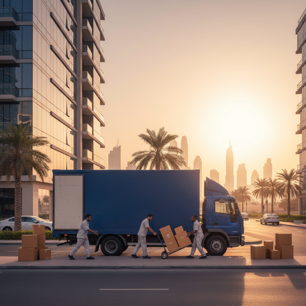 Side-angle scene of a moving truck and movers loading boxes outside a Dubai apartment during a residential move