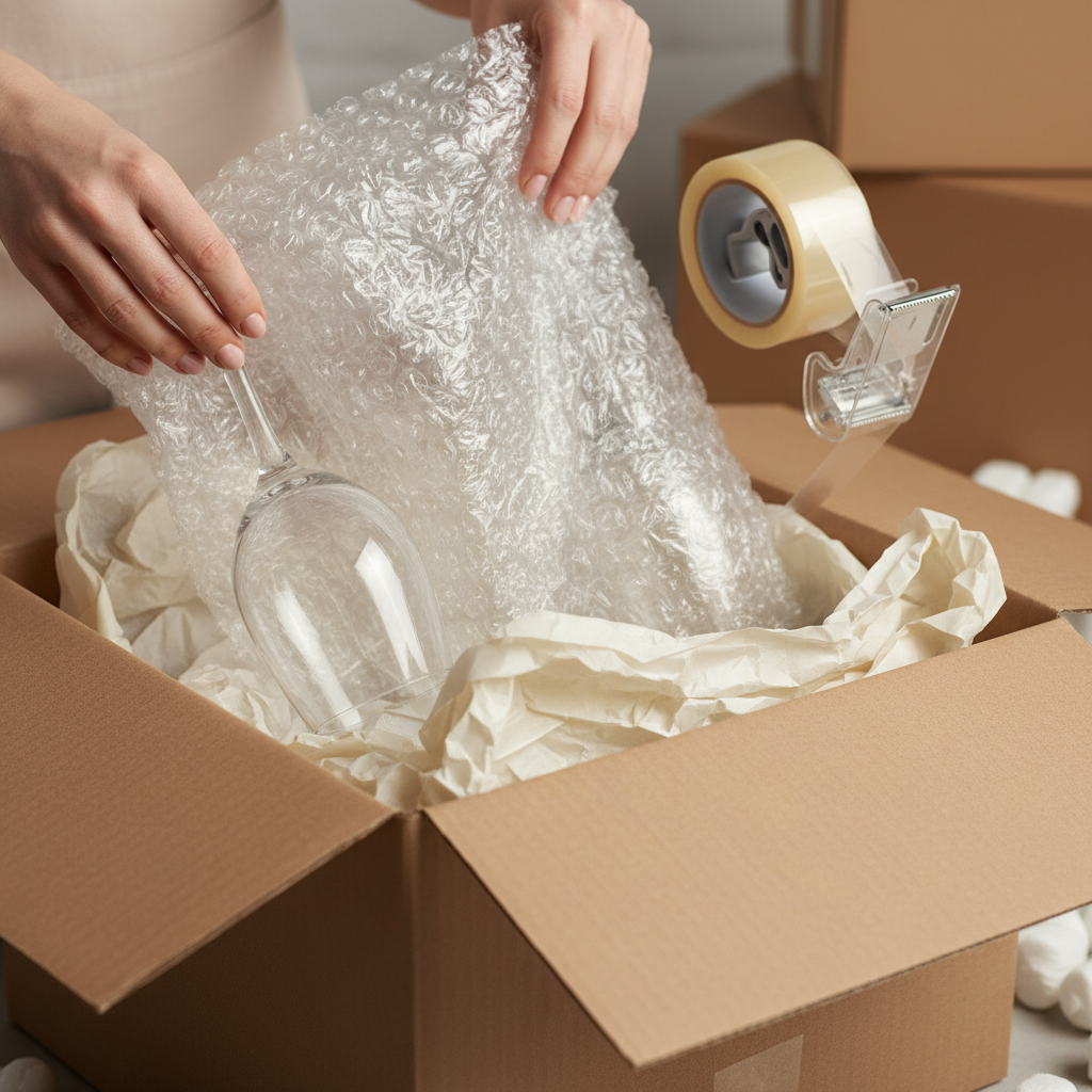 Close-up of professional packing fragile glassware with bubble wrap during residential moving services