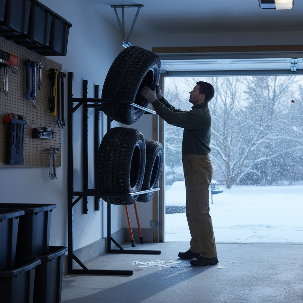 Homeowner following garage decluttering tips: lifting winter tires onto a wall-mounted rack in a tidy garage