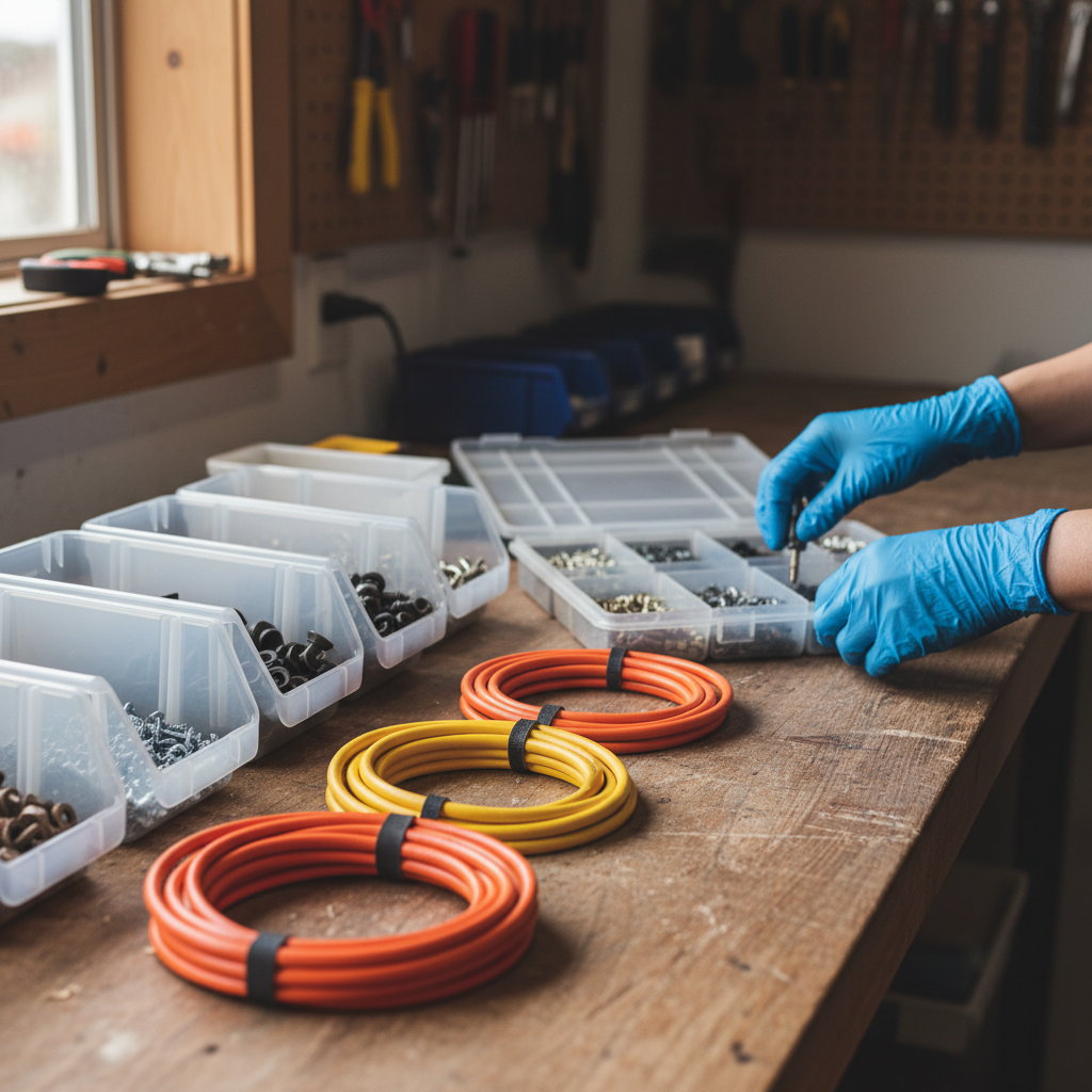 Close-up of hands applying garage decluttering tips: sorting hardware and cords into clear bins on a workbench