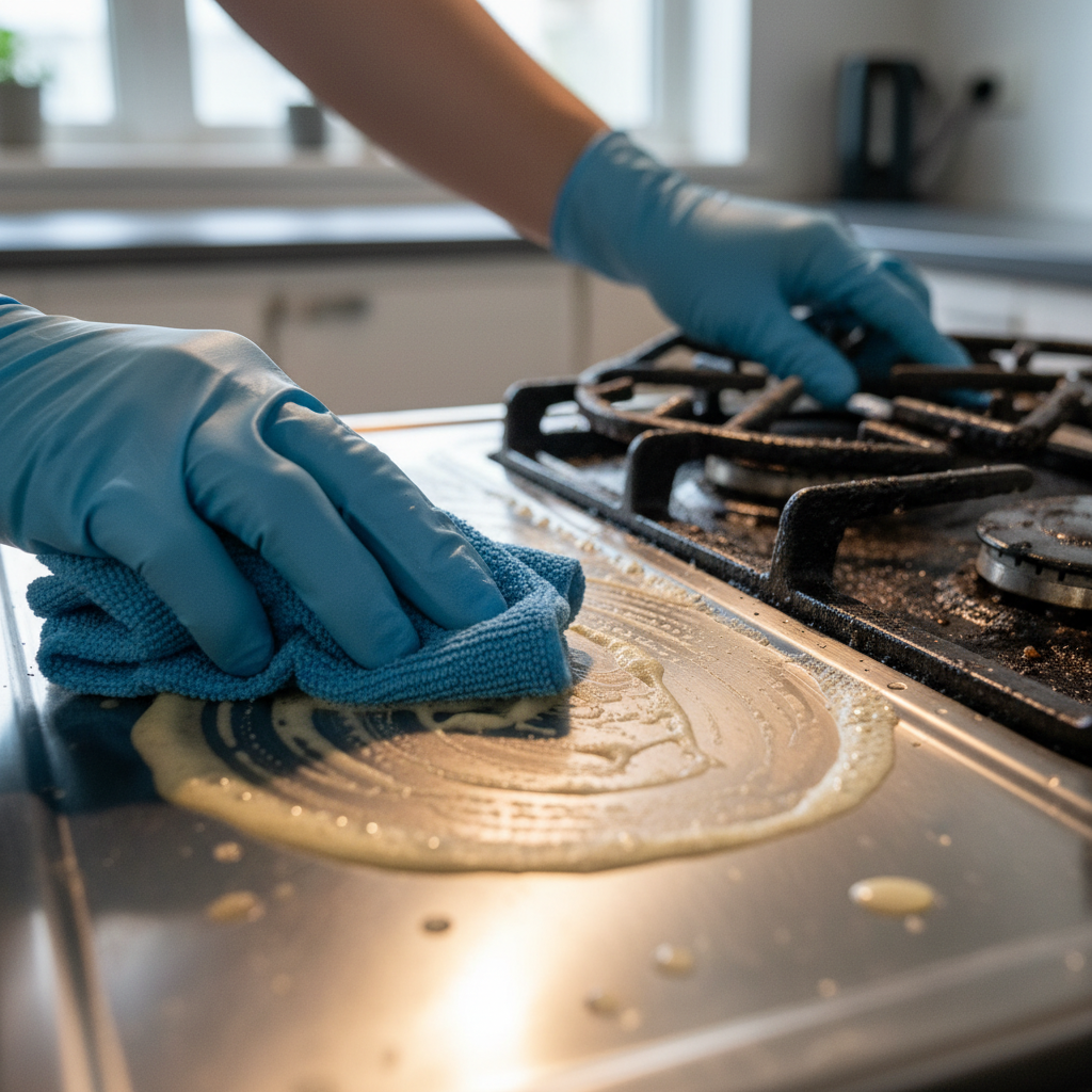 Close-up of stovetop degreasing using microfiber cloth as part of a kitchen cleaning checklist in a Saskatoon home