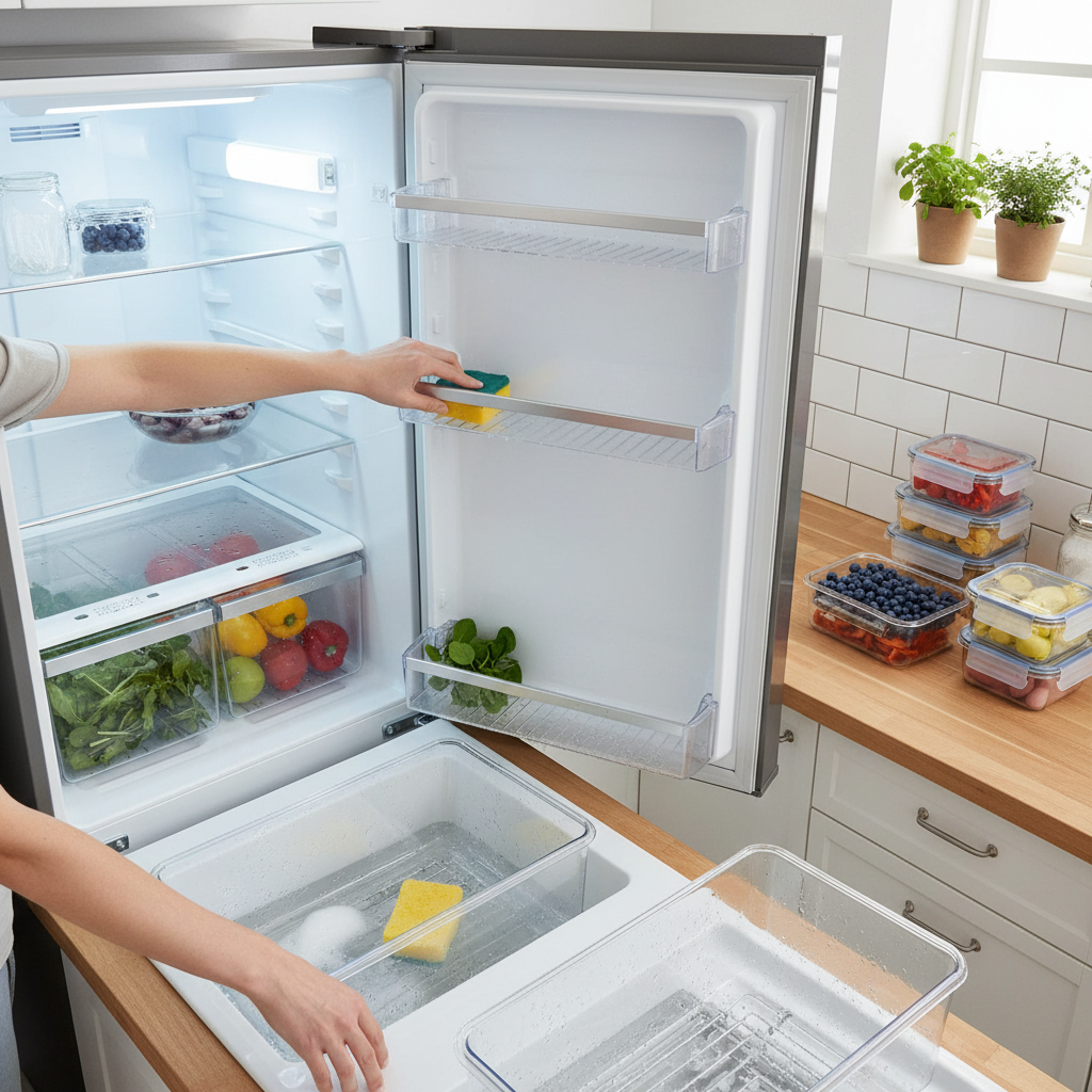 Top-down refrigerator deep clean with shelves drying and bins organized, part of a Saskatoon kitchen cleaning checklist