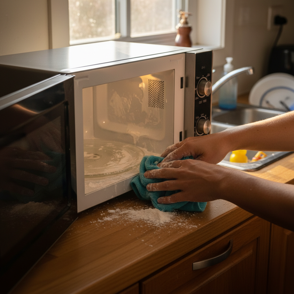 Hands wiping a microwave interior with a blue microfiber cloth and baking soda paste on the turntable during a deep clean