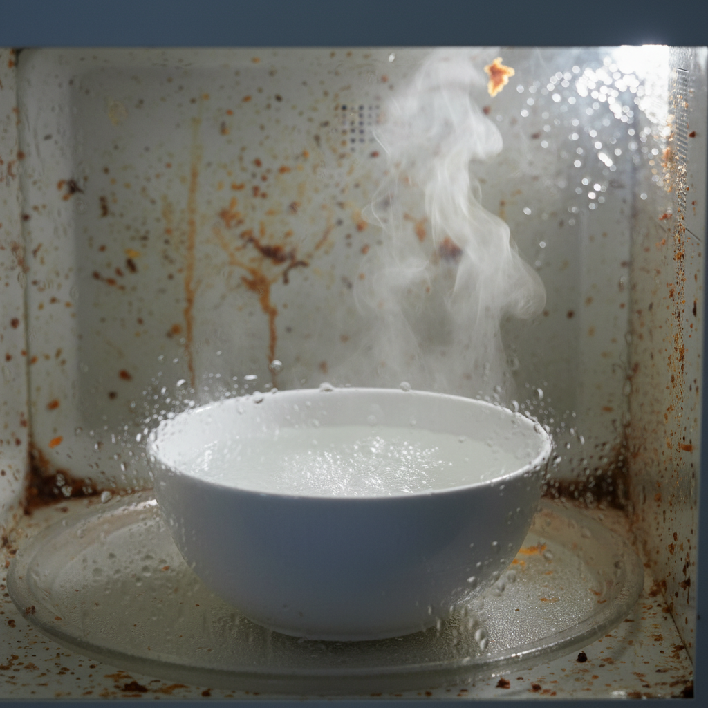 Close-up of microwave interior with steam loosening baked-on splatters from a bowl of vinegar solution during microwave cleaning hacks
