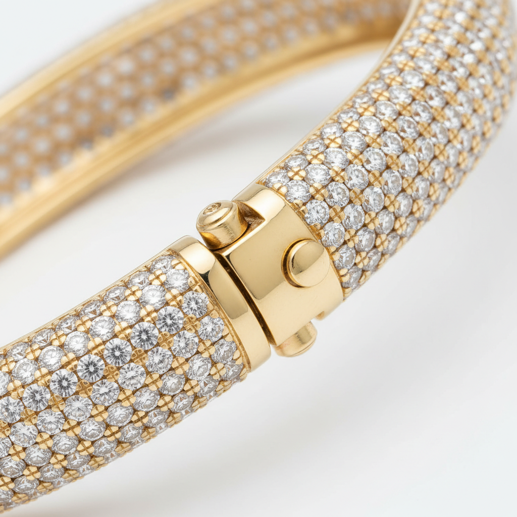 Macro close-up of a diamond bangle bracelet clasp and hinge in polished 14k gold for comfortable bangle bracelet styling