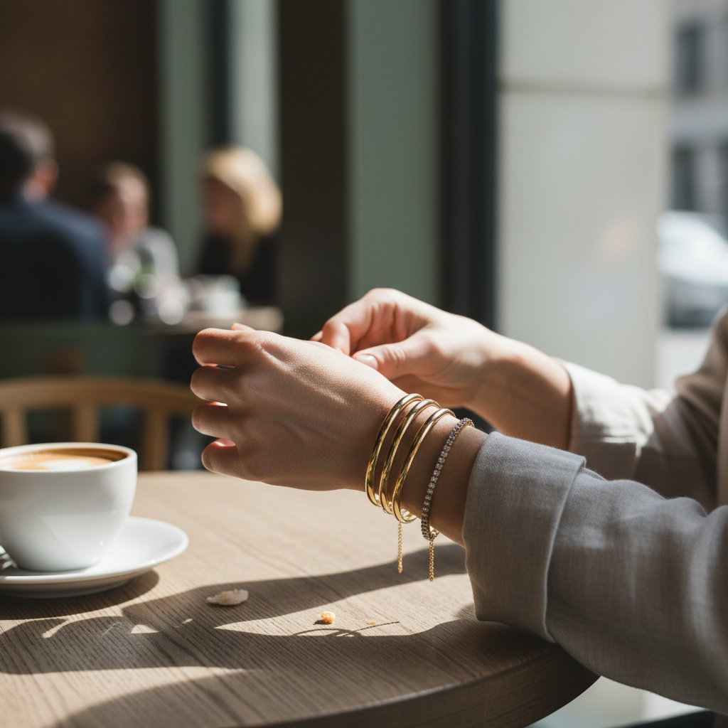 Lifestyle scene layering gold bangles with a diamond tennis bracelet at a café table for effortless bangle styling