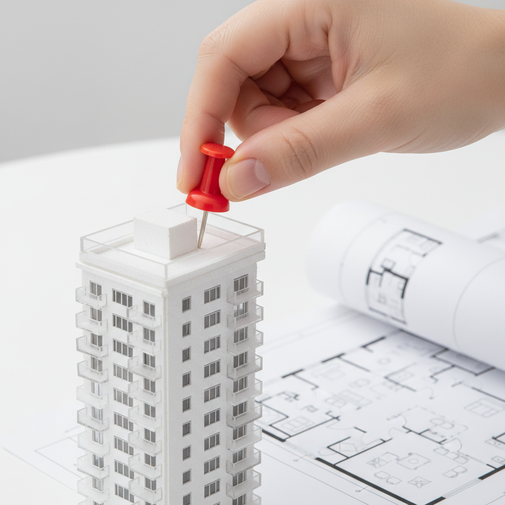 Close-up of off-market real estate alerts planning with condo model and floor plan for GTA buyers
