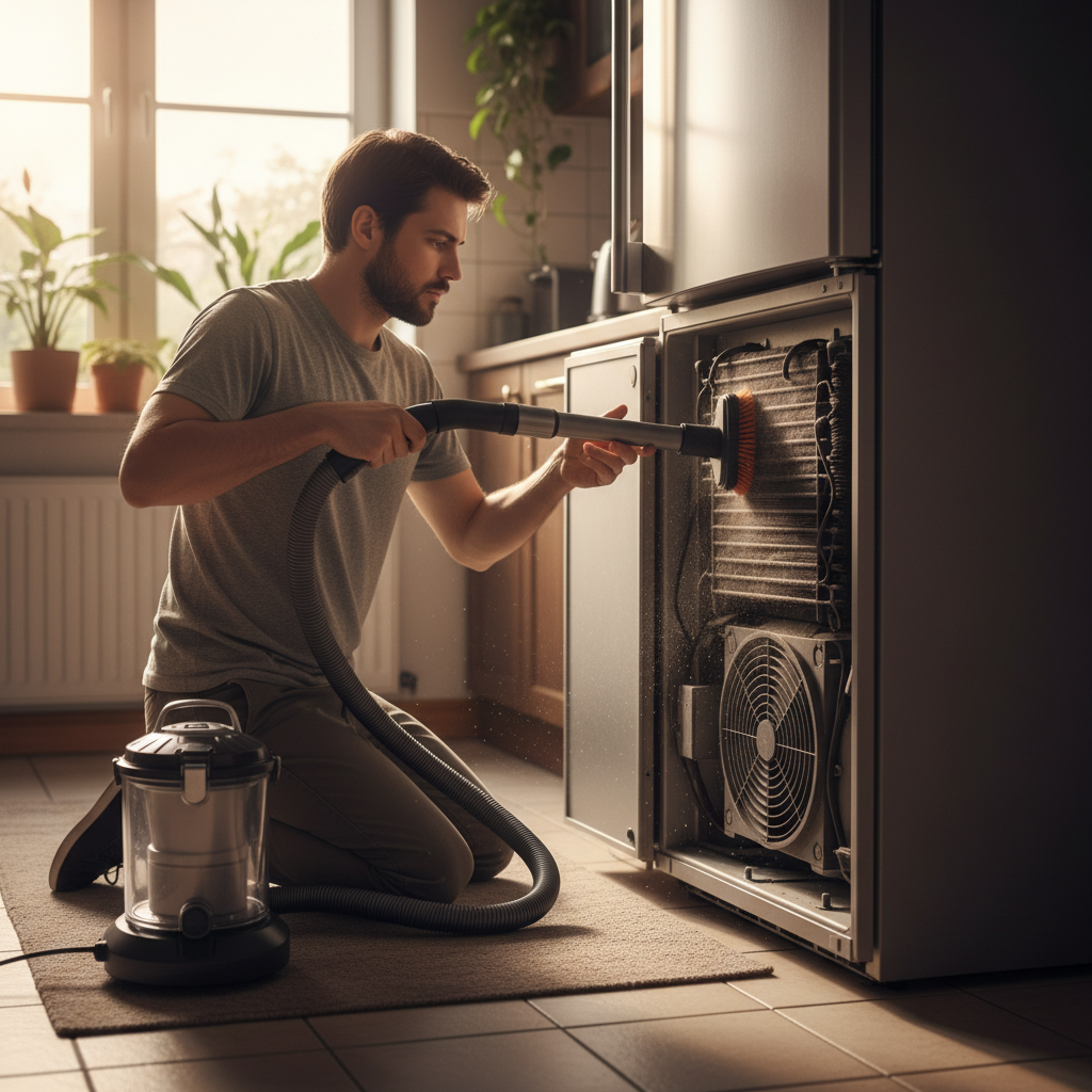 Homeowner vacuuming refrigerator condenser coils using a brush attachment for better efficiency and cooling