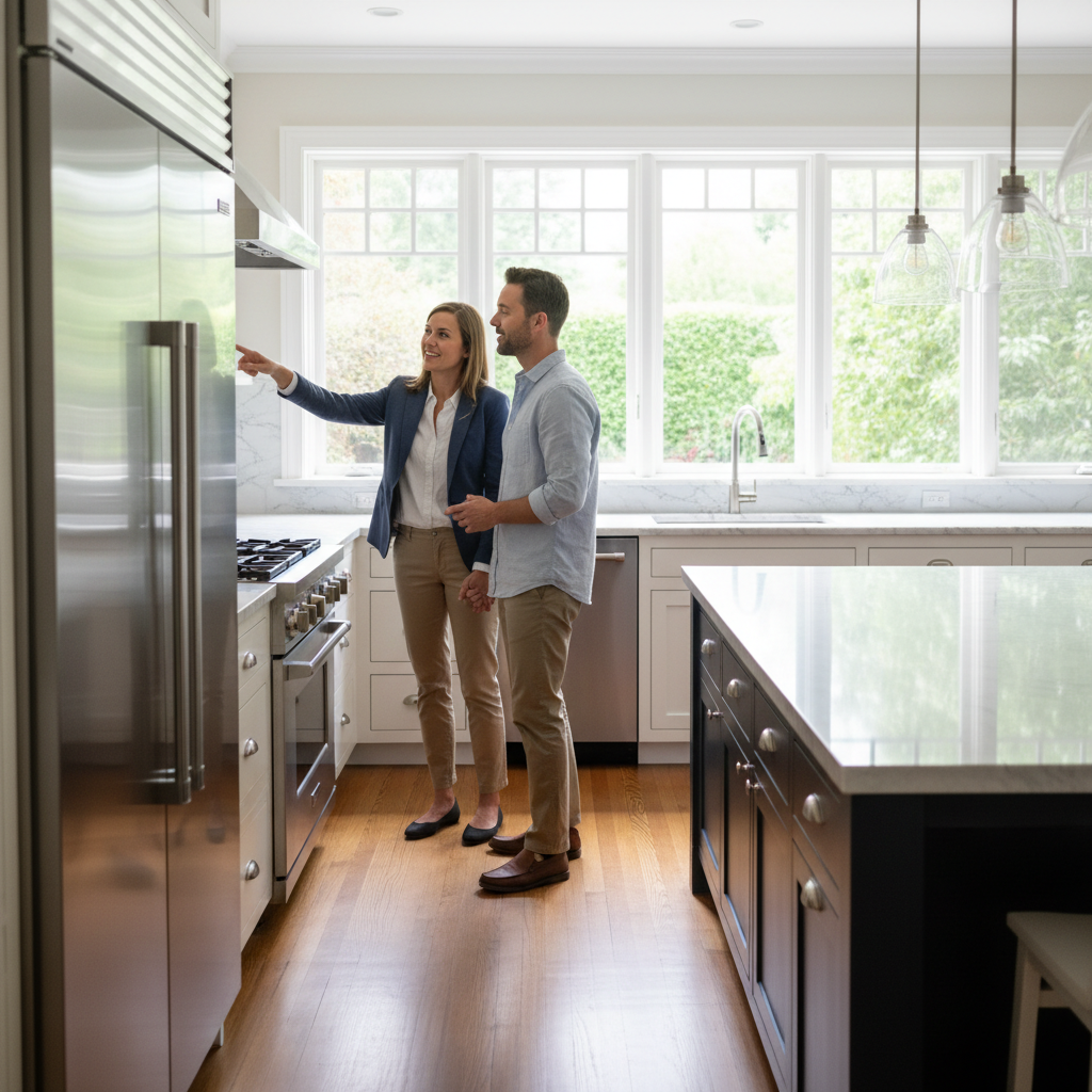 Couple touring a bright kitchen with a professional, preparing to finalize a real estate agreement after successful viewing