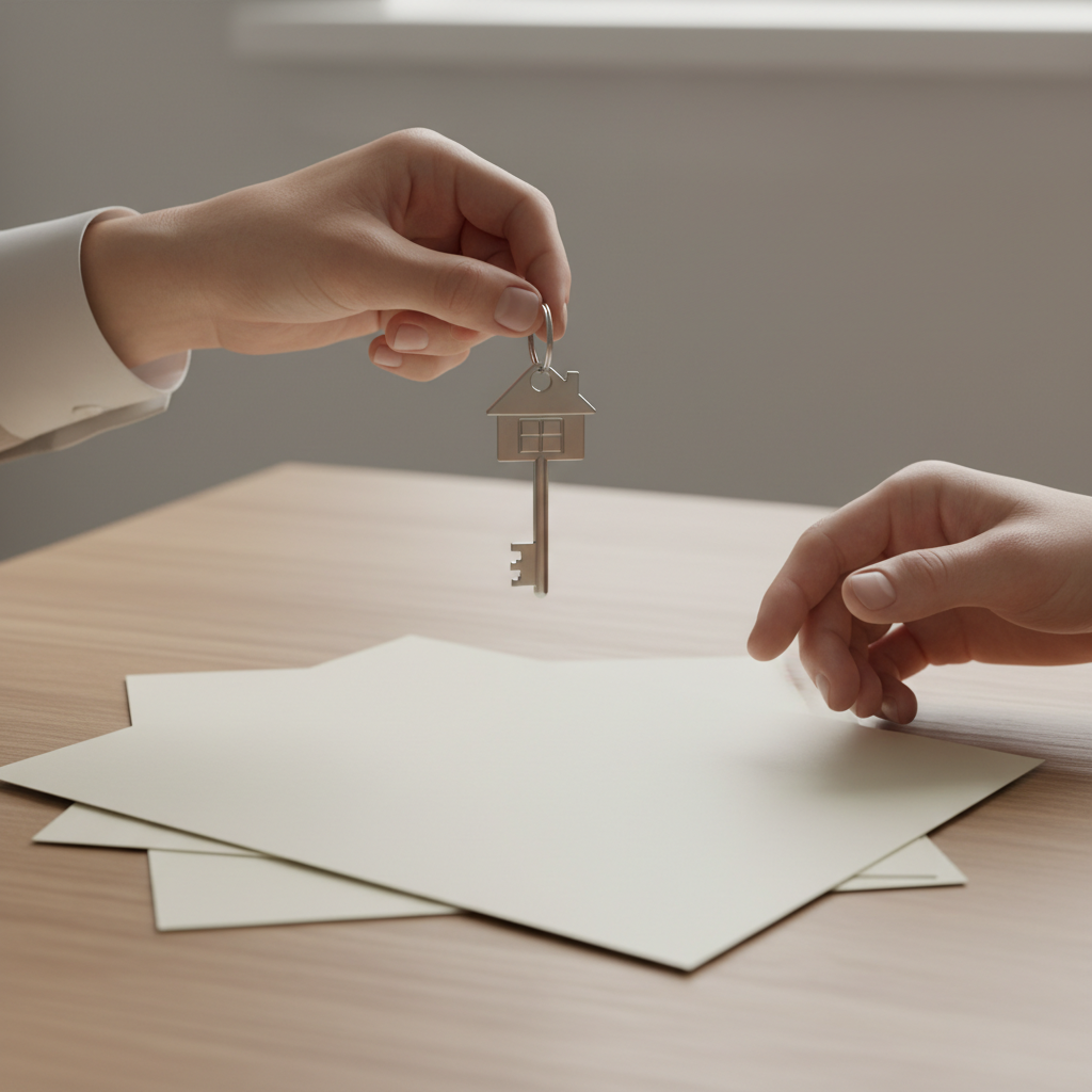 Real estate contract templates close-up: exchanging house key over blank agreement pages before signing