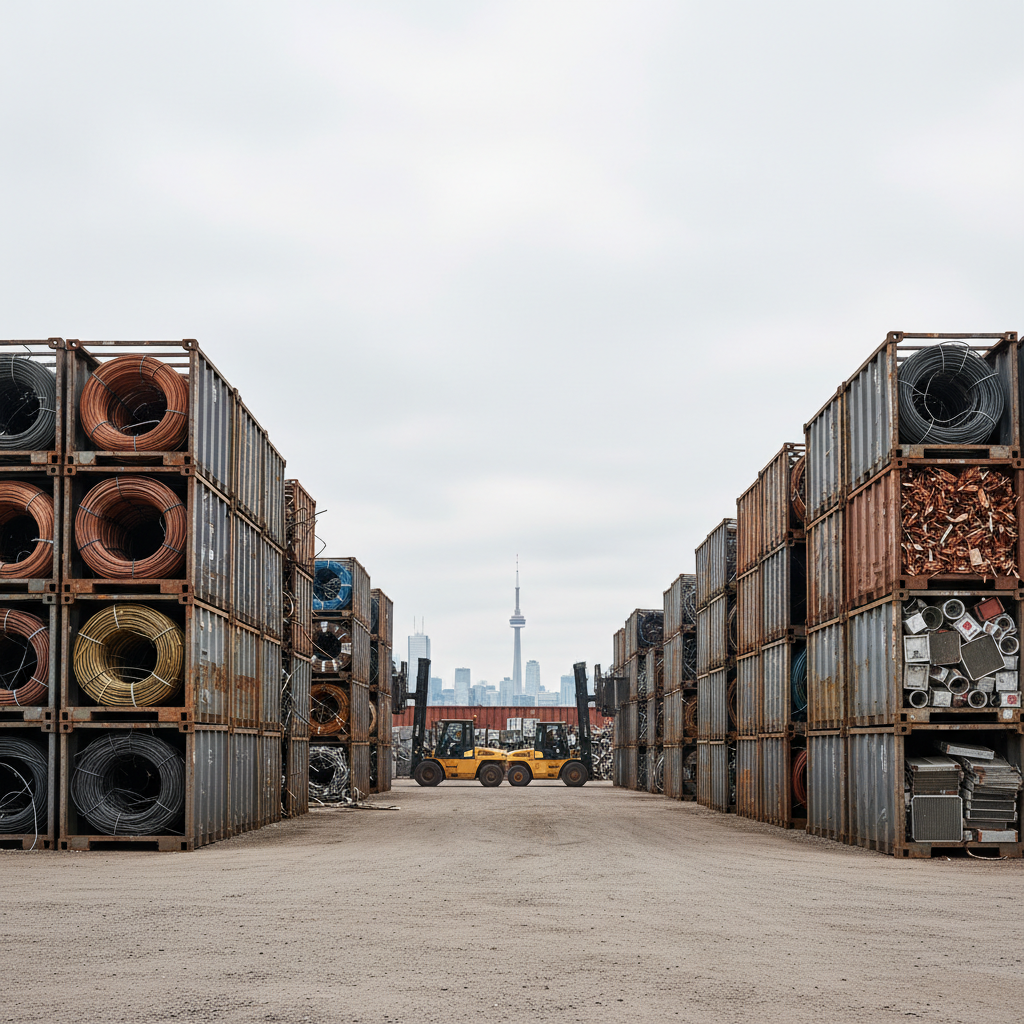 Wide shot of a modern Toronto-area scrap yard with organized copper bins and forklifts, illustrating efficient copper recycling