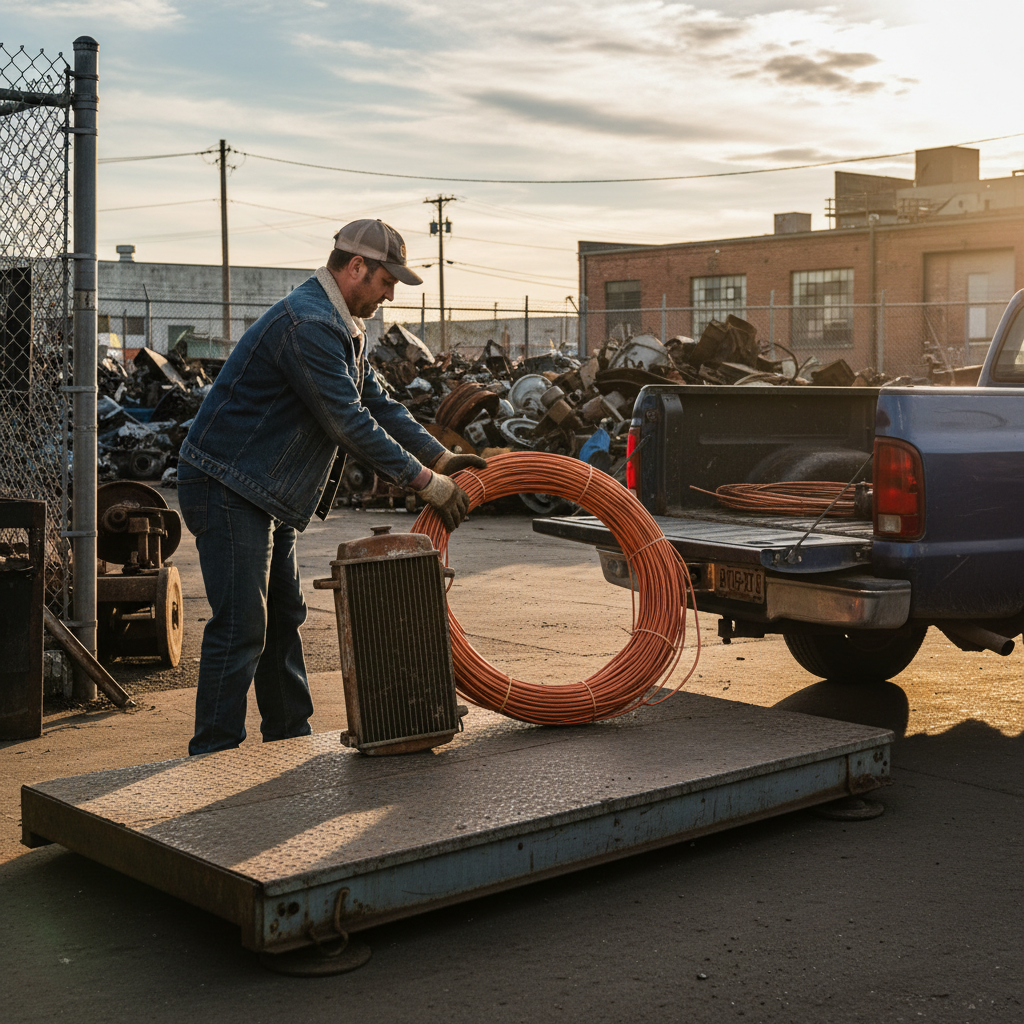 Side-angle view of a tradesperson unloading insulated copper wire at a Toronto-area scrap yard scale to sell copper quickly