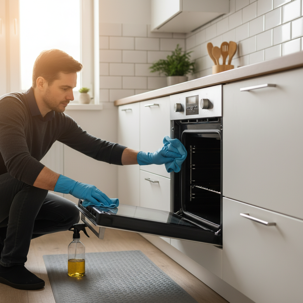 Cleaner wiping oven door gasket and glass with a microfiber cloth during professional oven cleaning service in Saskatoon