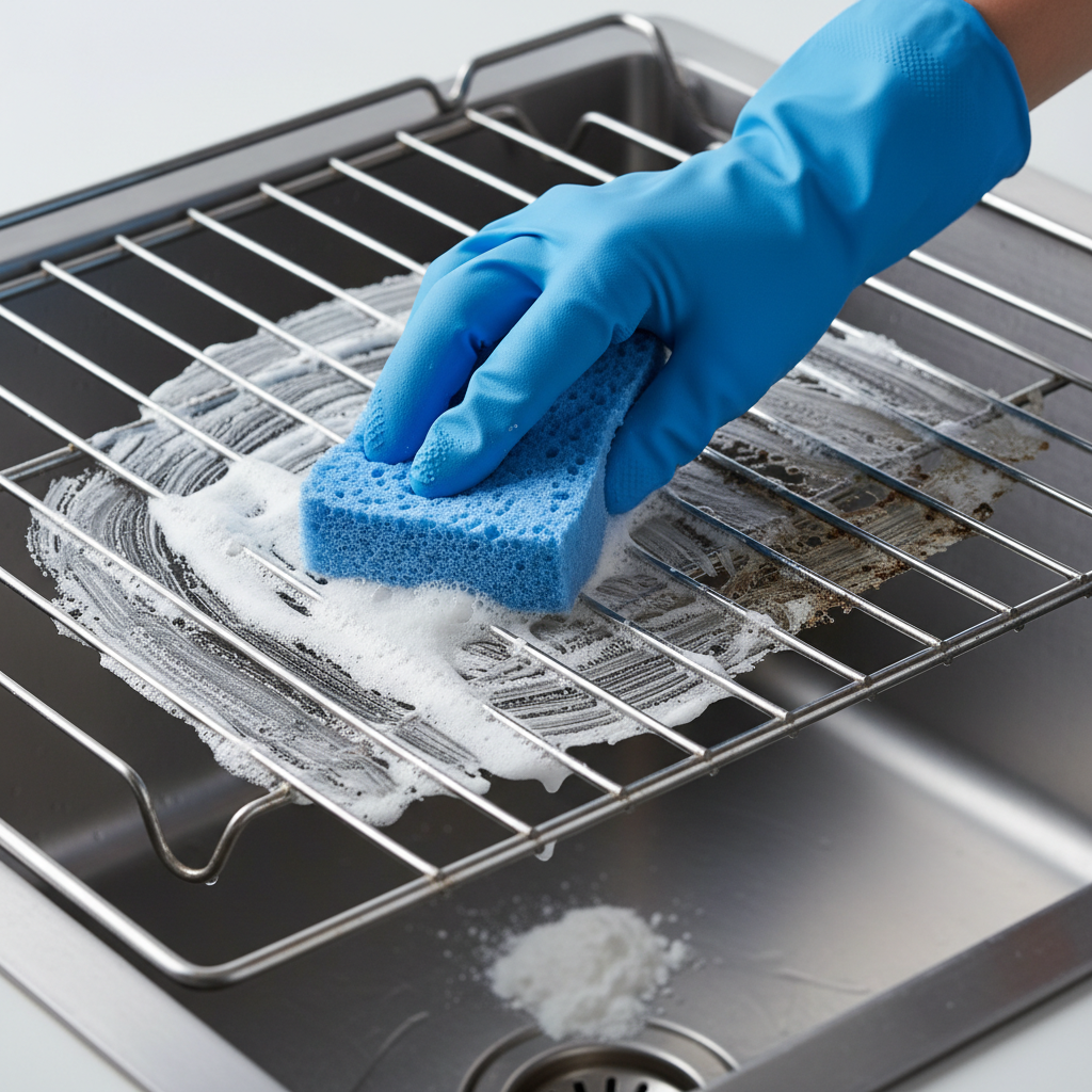 Close-up of scrubbing oven racks with baking soda paste as part of oven cleaning tips for Saskatoon homes