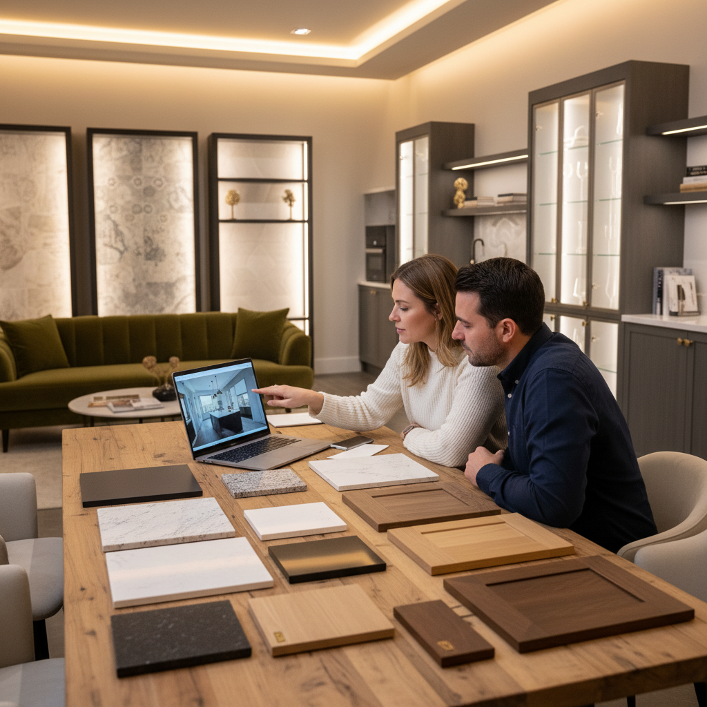 Kitchen Renovation: Save Money With Smart Planning in 2026 2 Homeowners reviewing a 3D kitchen design with a contractor in a modern showroom, aligning selections and drawings