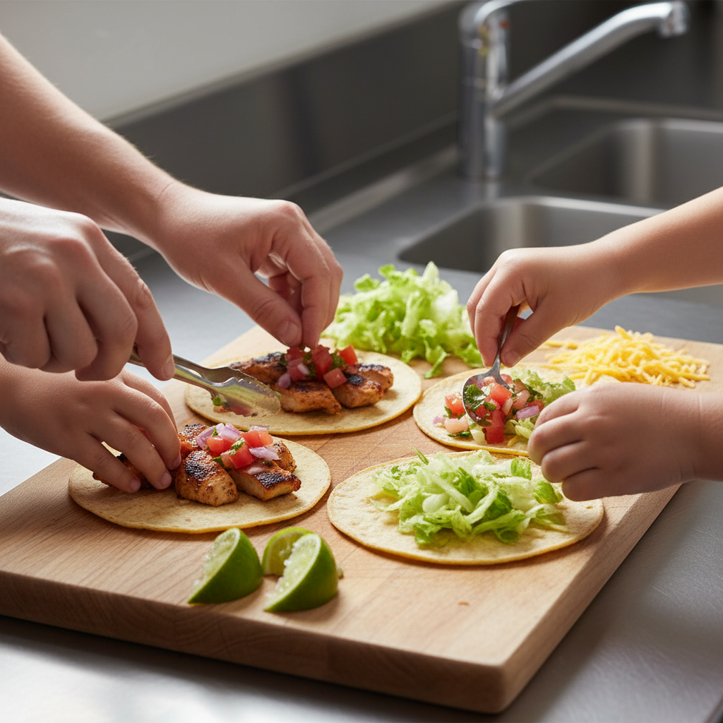 Close-up of hands assembling kid-friendly tacos with grilled chicken, veggies, and mild salsa for Mexican cuisine discovery