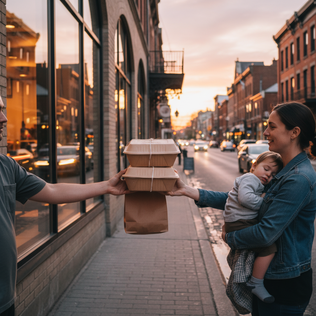 Old Toronto takeout handoff scene on Queen Street West with family-friendly Mexican dishes packed in eco containers