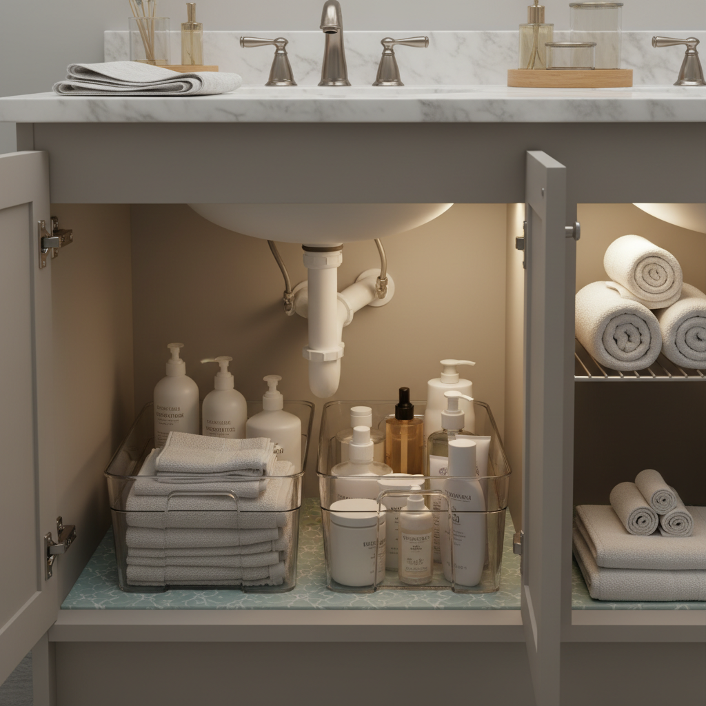 Organized bathroom vanity cabinet with clear storage bins and fresh shelf liner, showing moisture-smart under-sink setup