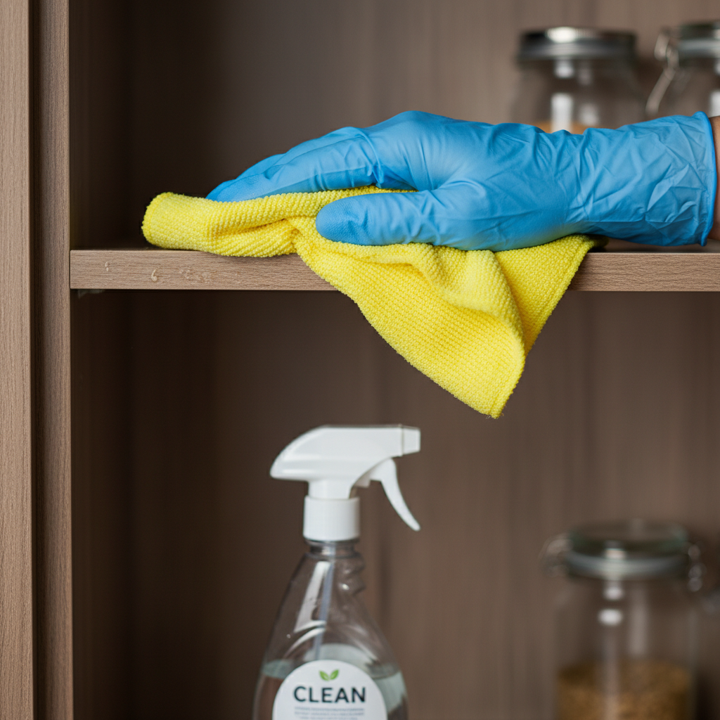 Close-up of inside cabinet cleaning: gloved hand wiping a wooden shelf with microfiber cloth and mild cleaner, demonstrating finish-safe method