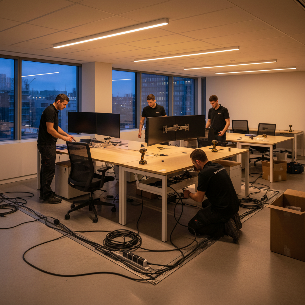 New Dubai office being set up after relocation with desks assembled, dual monitors mounted, and tidy cable management
