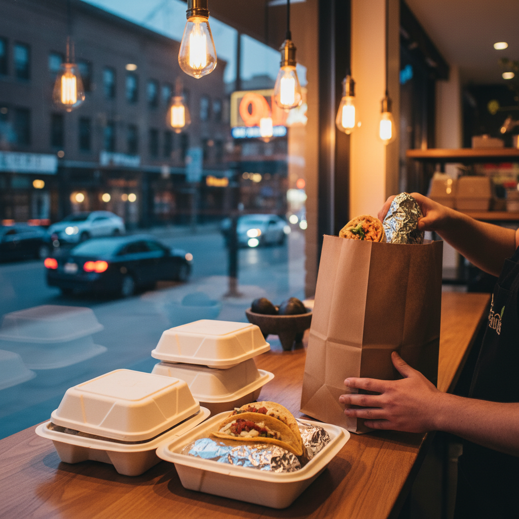 Takeout pickup scene at a Mexican grill with eco-friendly boxes packed for a quick, casual dinner