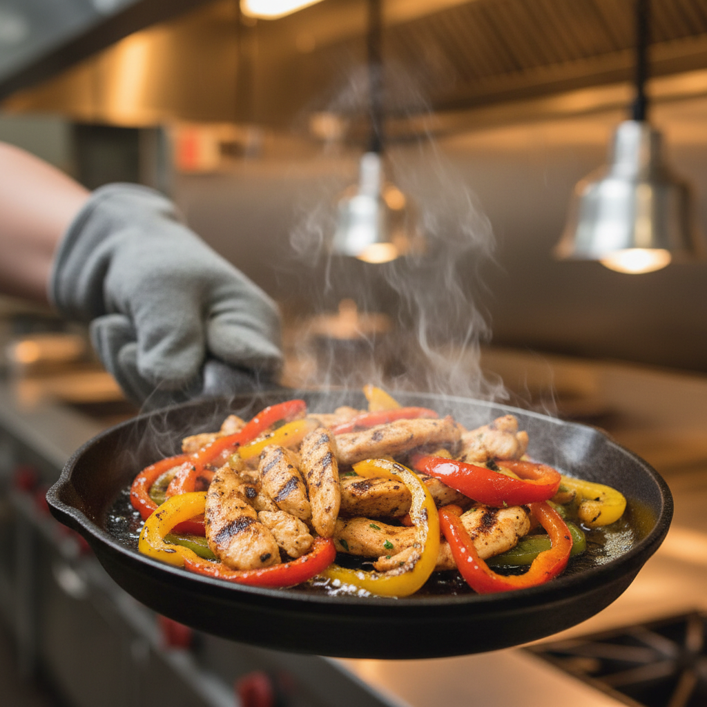 Sizzling chicken fajitas close-up on a cast-iron skillet with peppers at La Rio’s Mexican Grill