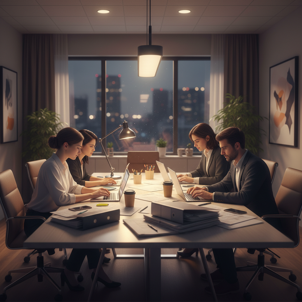 A small Toronto team collaborating to finalize a MERX bid package before upload