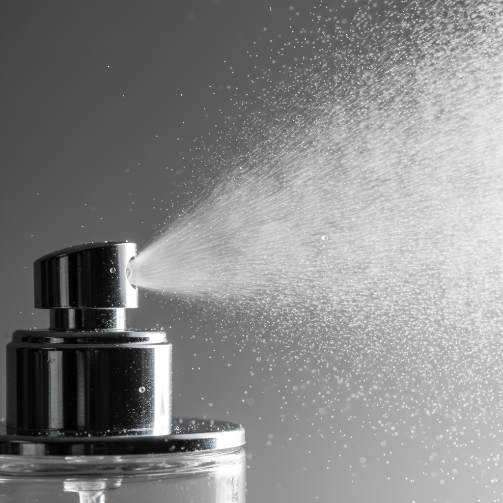 Close-up of a unisex eau de parfum atomizer releasing a fine mist, illustrating spray technique and sillage control
