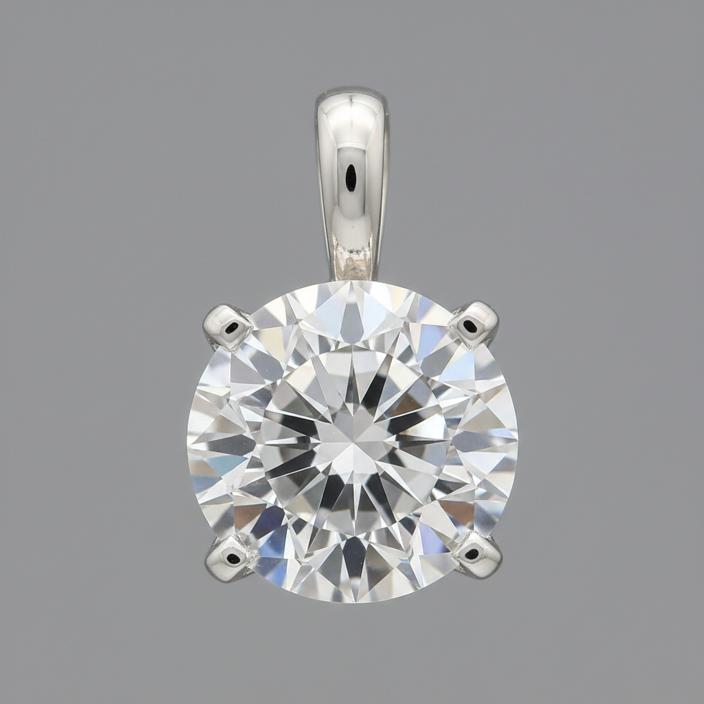 Close-up of a lab-grown diamond solitaire pendant in 14k white gold setting, showcasing facets and brilliance for diamond pendant necklaces