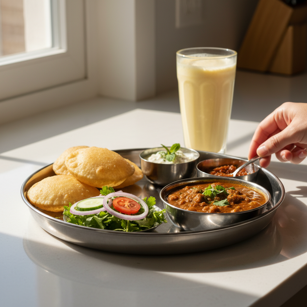 Stainless steel thali featuring chole poori with raita, salad, and achar, plated for a bright daytime service scene