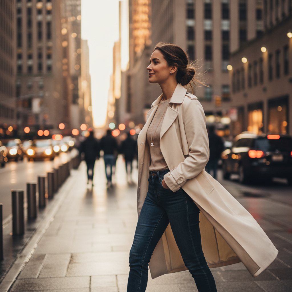 Lifestyle photo of a woman wearing a diamond pendant necklace in Manhattan near Rockefeller Center, showing how diamond pendant necklaces style with city outfits
