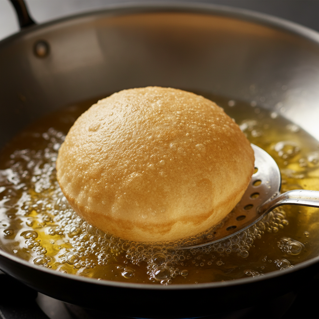 Close-up of a poori puffing in hot oil, demonstrating perfect chole poori frying technique with golden texture