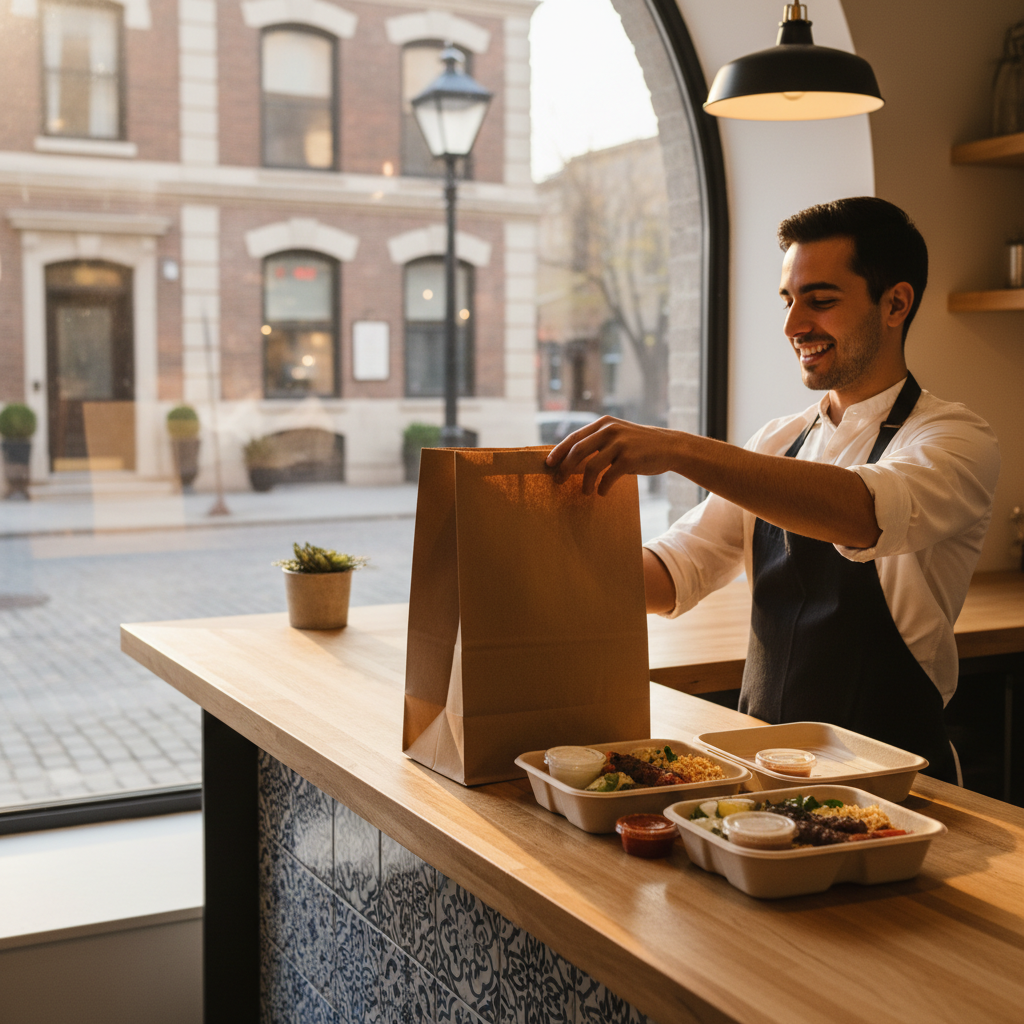Pickup order handoff at a Turkish restaurant counter in Old Toronto, showing eco-friendly packages and sauces for downtown Toronto diners