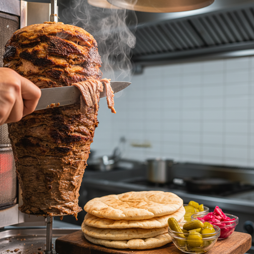 Close-up of shawarma carved from a rotisserie at a Turkish restaurant near downtown Toronto, showing crispy edges and steam for authentic Turkish flavors