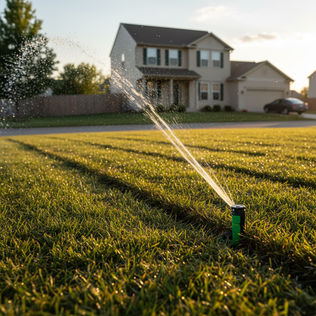 Rotary sprinkler watering newly laid sod in Mississauga, showing proper irrigation for Ontario sod installation timing