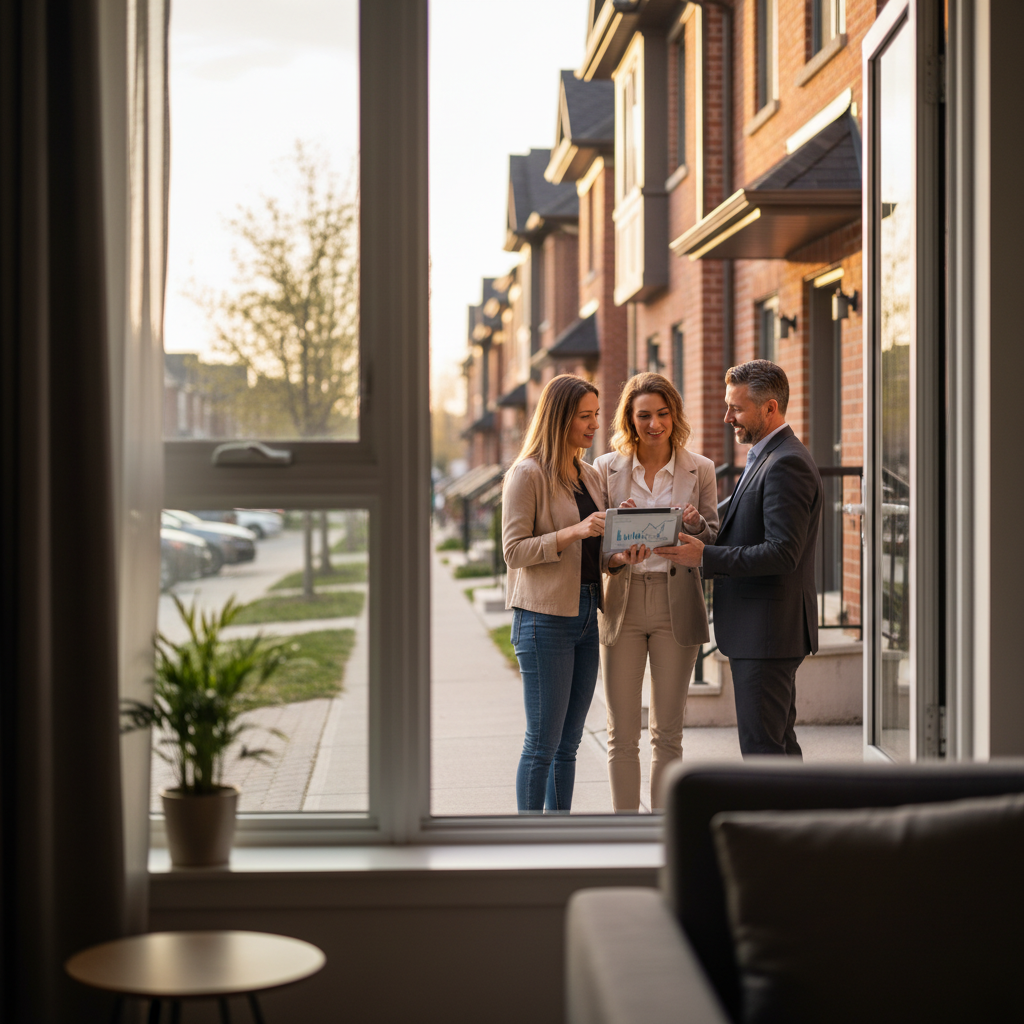 First-time buyers with an agent reviewing a tablet outside Mississauga townhouses at sunset to compare mortgage scenarios