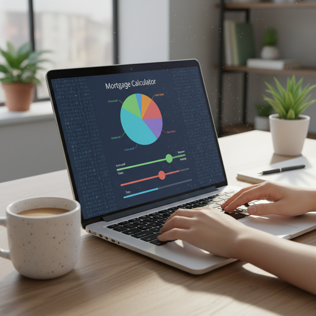 Close-up of a first-time buyer using a mortgage calculator with charts and sliders to plan payments
