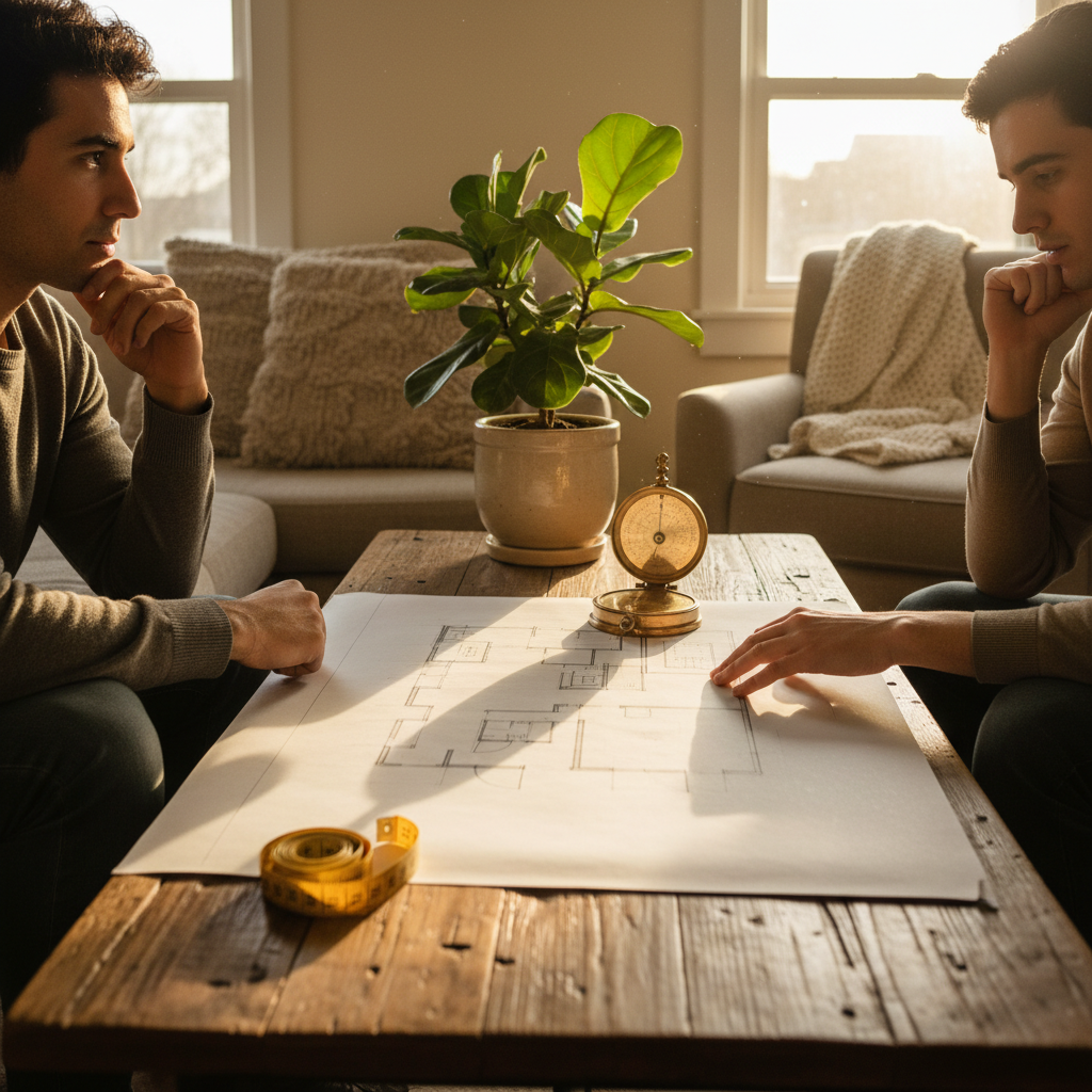 Vaastu discussion scene with a vastu compass and a sunlit home layout, supporting life decision planning with astrology