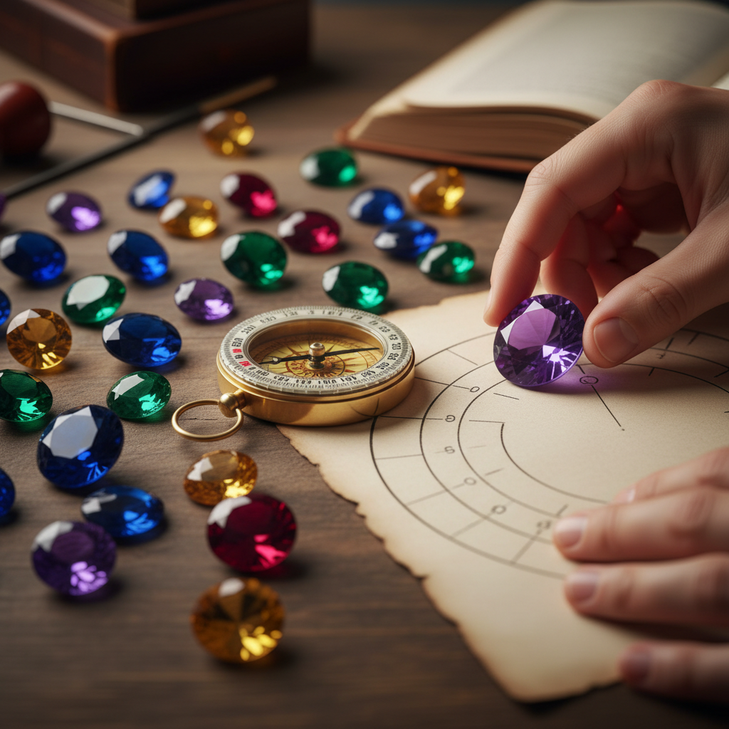 Hands arranging gemstones and a brass compass beside a blank astrological chart during an astrology consultation for life decisions