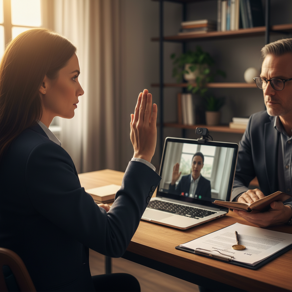 Remote notarization scene in Ontario showing oath by video with laptop and webcam, part of modern notarized affidavit requirements